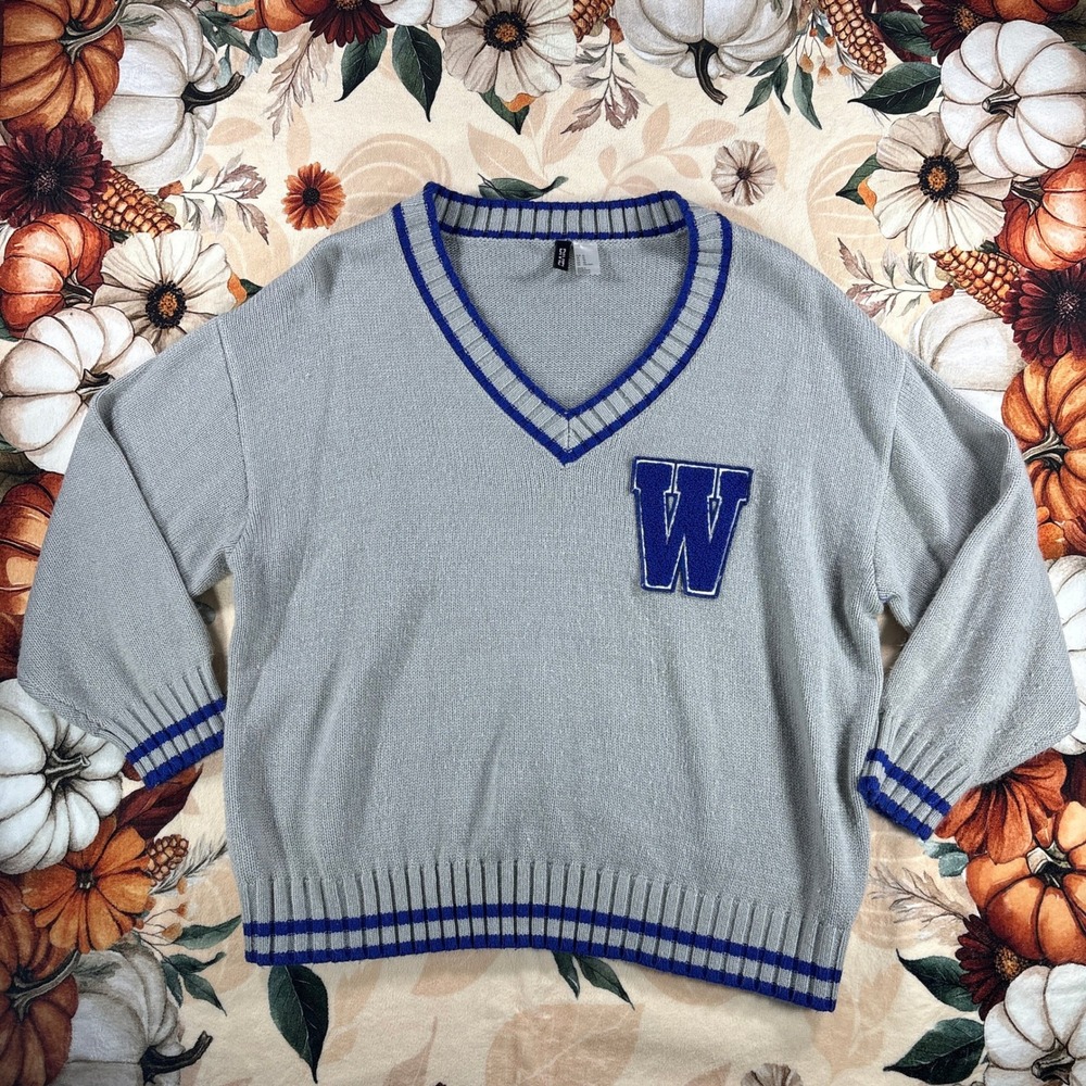 H M Divided Letterman Varsity W Patch Cropped V Neck Sweater Gray Blue Size XL